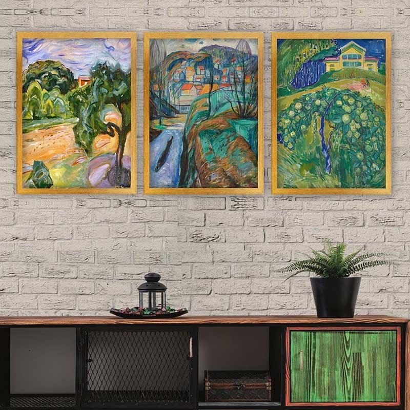 Edvard Munch 3 Parça Altın Çerçeveli Tablo 55cm x 75cm