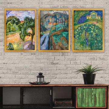 Edvard Munch 3 Parça Altın Çerçeveli Tablo 55cm x 75cm