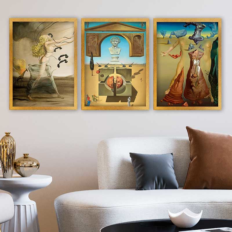 Salvador Dali 3 Parça Altın Çerçeveli Tablo 55cm x 75cm