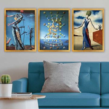 Salvador Dali 3 Parça Altın Çerçeveli Tablo 35cm x 45cm