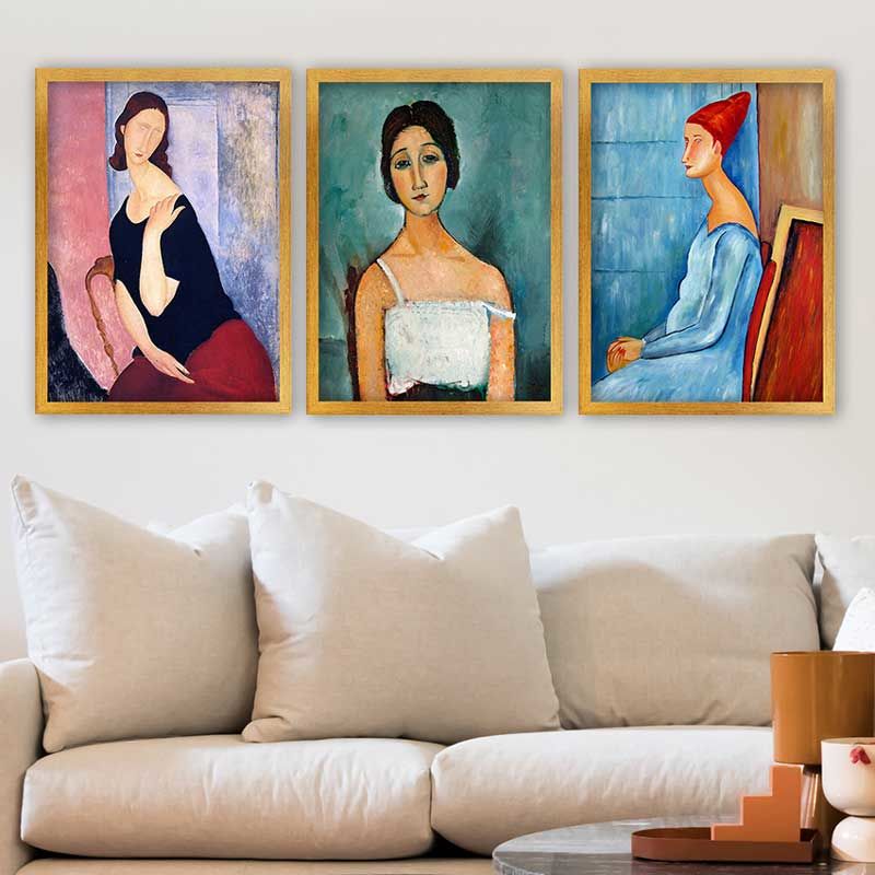 Amedeo Modigliani 3 Parça Altın Çerçeveli Tablo 35cm x 45cm