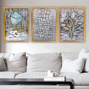 PIET MONDRIAN 3 Parça Altın Çerçeveli Tablo 55cm x 75cm