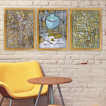 PIET MONDRIAN 3 Parça Altın Çerçeveli Tablo 35cm x 45cm