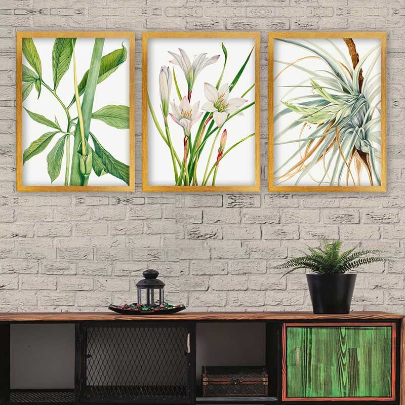 Yapraklar 3 Parça Altın Çerçeveli Tablo 55cm x 75cm