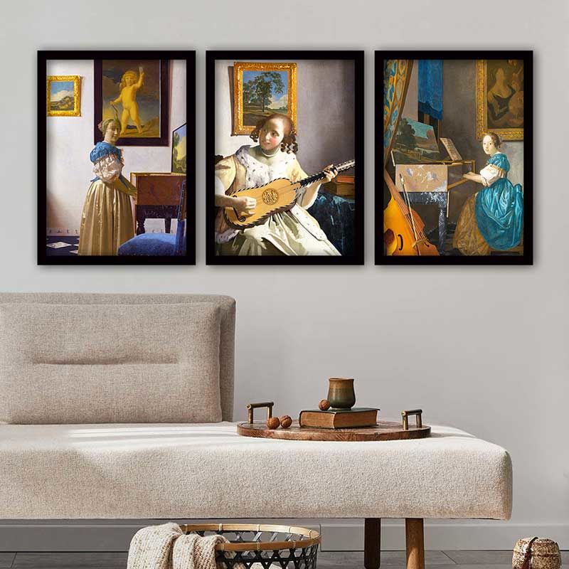 JAN VERMEER 3 Parça Siyah Çerçeveli Tablo 55cm x 75cm