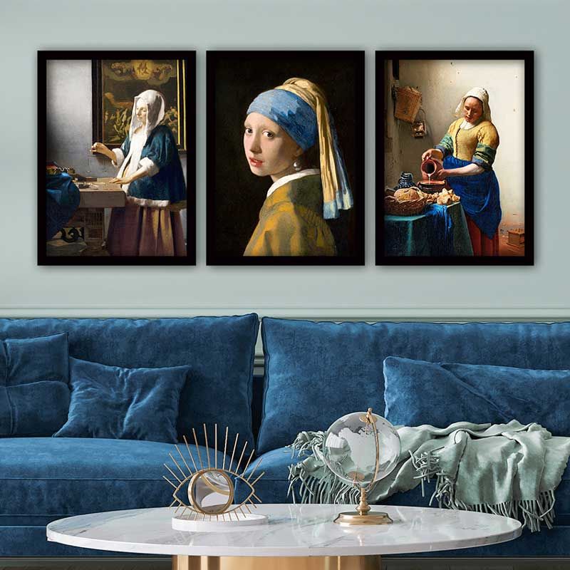 JAN VERMEER 3 Parça Siyah Çerçeveli Tablo 35cm x 45cm