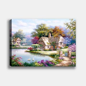 Kuğulu Ev Manzara Kanvas Tablo 90cm x 130cm