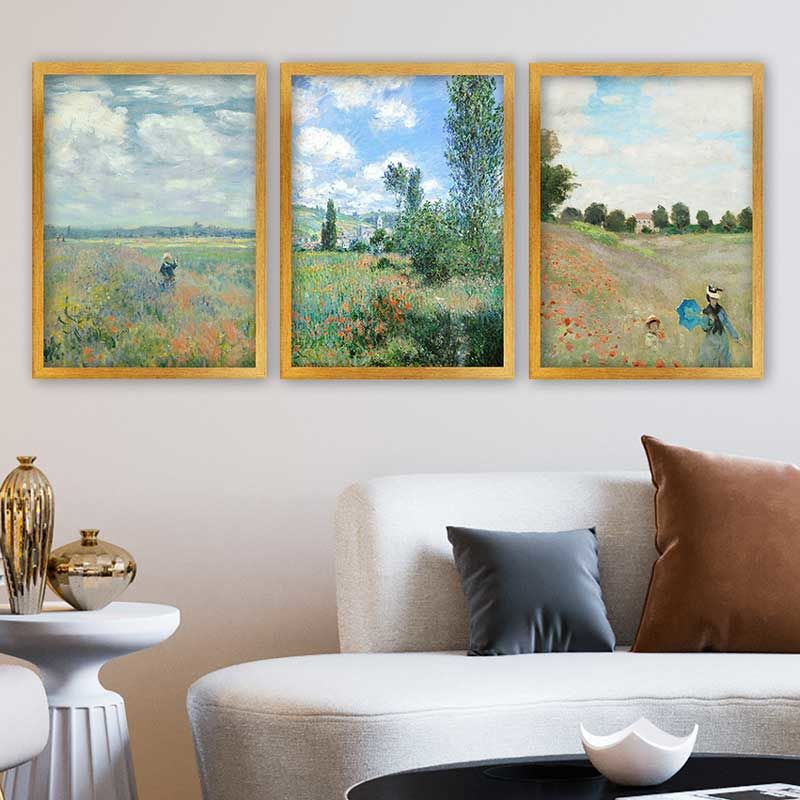 Claude Monet 3 Parça Altın Çerçeveli Tablo