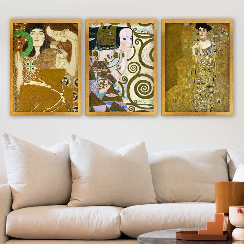Gustav klimt 3 Parça Altın Çerçeveli Tablo