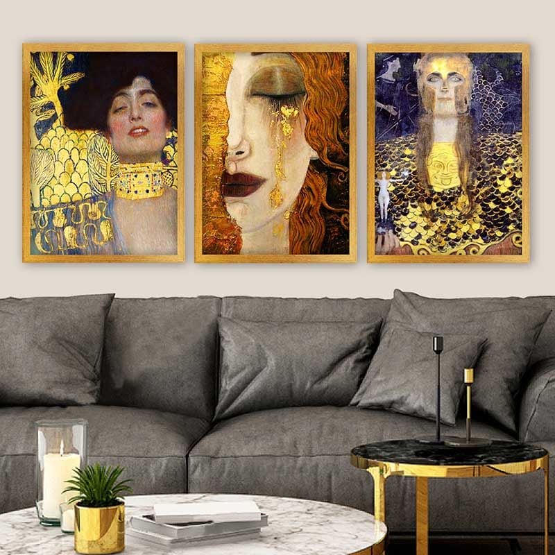 Gustav klimt 3 Parça Altın Çerçeveli Tablo