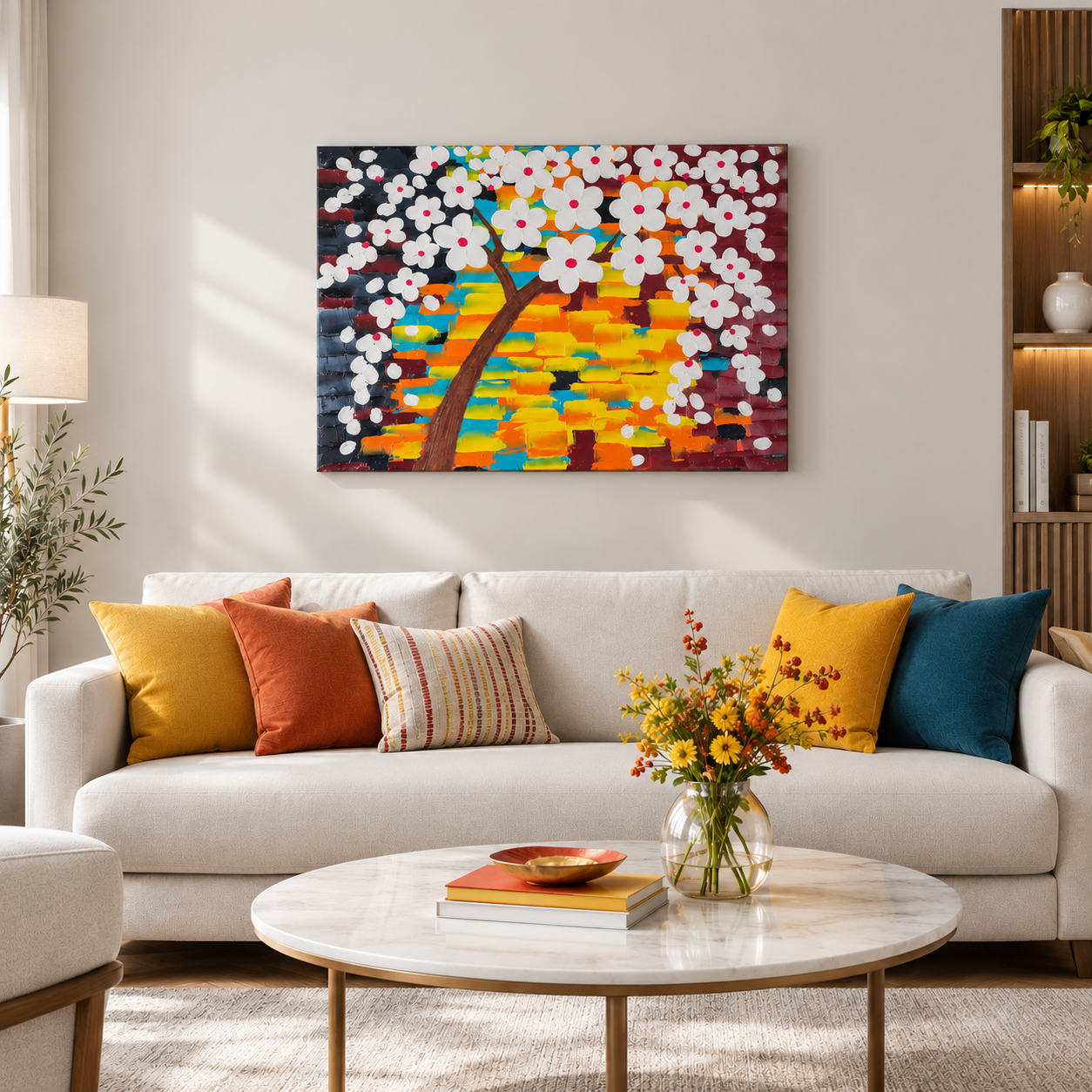 Yağlı Boya Renkli Çiçekli Ağaç Tablo 70cm x 50cm