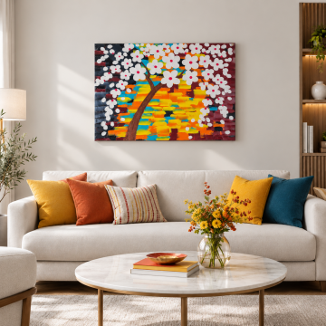 Yağlı Boya Renkli Çiçekli Ağaç Tablo 70cm x 50cm