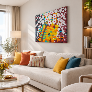 Yağlı Boya Renkli Çiçekli Ağaç Tablo 70cm x 50cm