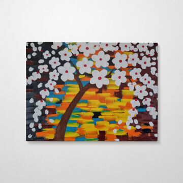 Yağlı Boya Renkli Çiçekli Ağaç Tablo 70cm x 50cm