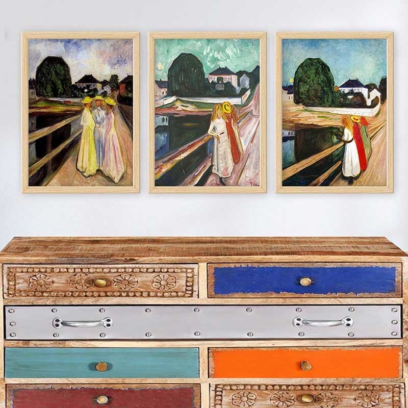 Edvard Munch 3 Parça Naturel Çerçeveli Tablo 55cm x 75cm