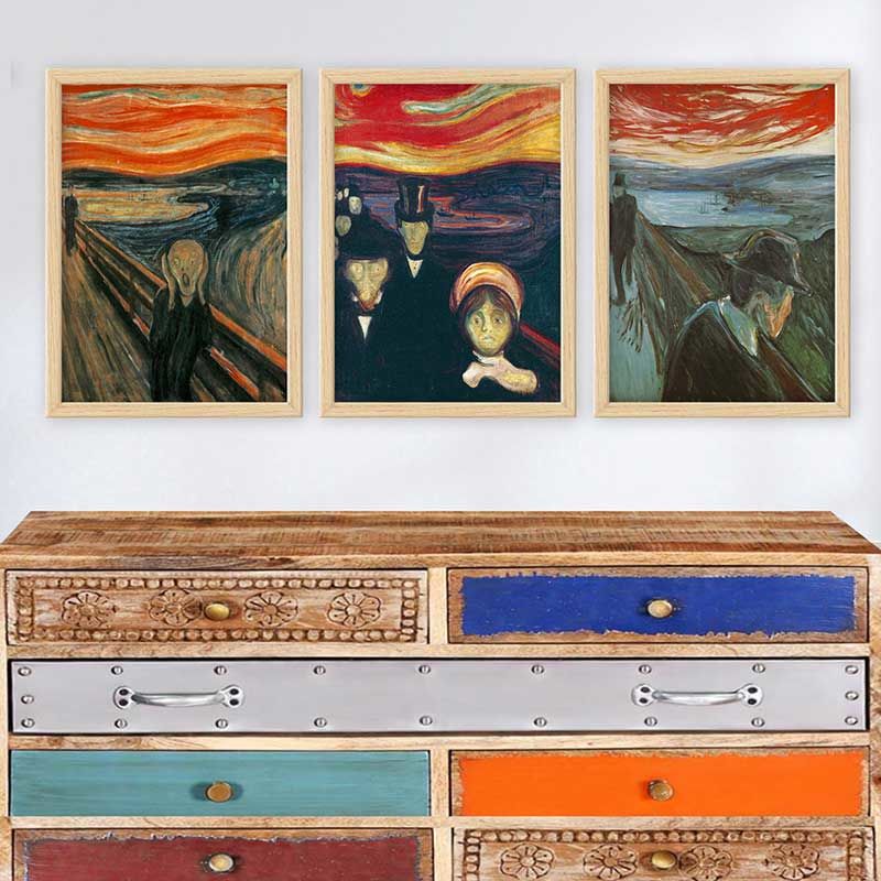 Edvard Munch 3 Parça Naturel Çerçeveli Tablo 35cm x 45cm