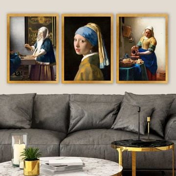 JAN VERMEER 3 Parça Altın Çerçeveli Tablo
