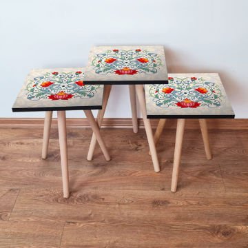 Desenli 3lü Zigon Sehpa