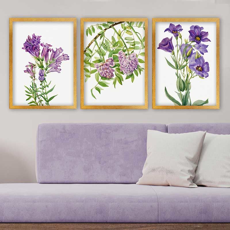MOR ÇİÇEK 3 Parça Altın Çerçeveli Tablo
