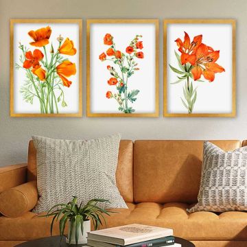 TURUNCU ÇİÇEK 3 Parça Altın Çerçeveli Tablo