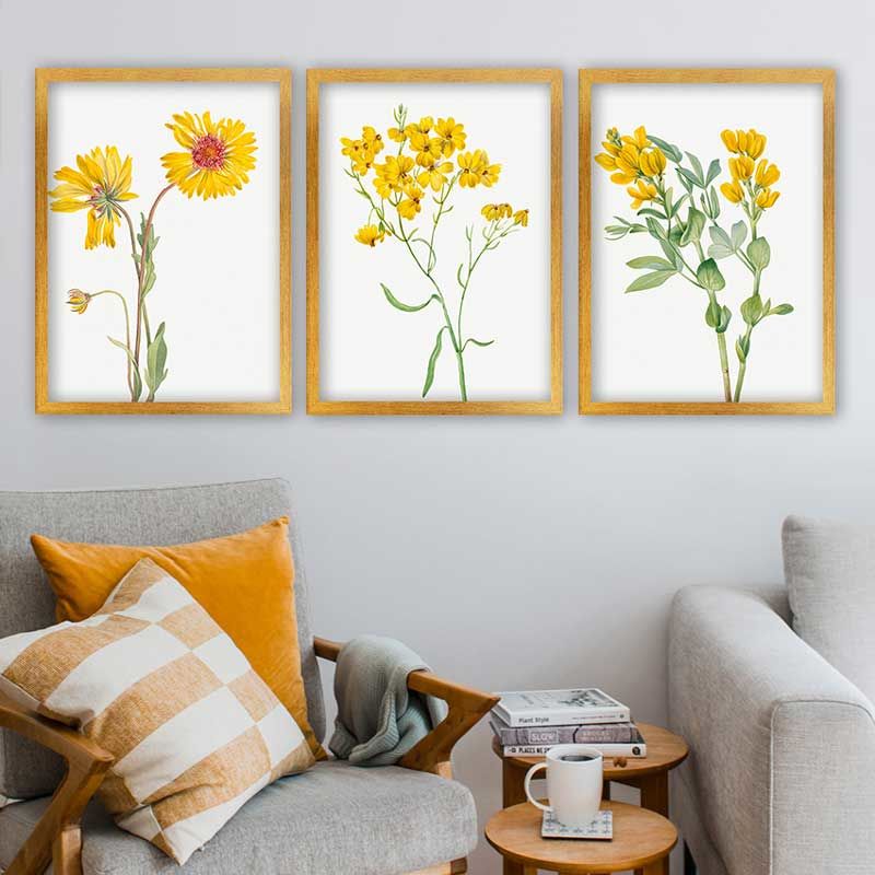 Sarı Çiçekler 3 Parça Altın Çerçeveli Tablo
