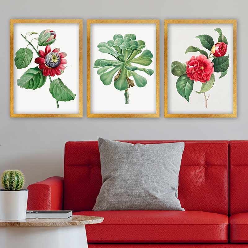 Çiçek 3 Parça Altın Çerçeveli Tablo