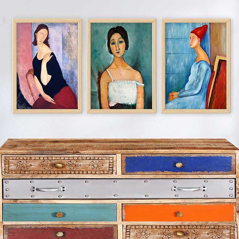 Amedeo Modigliani 3 Parça Naturel Çerçeveli Tablo 35cm x 45cm