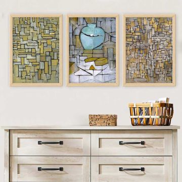 PIET MONDRIAN 3 Parça Naturel Çerçeveli Tablo 35cm x 45cm