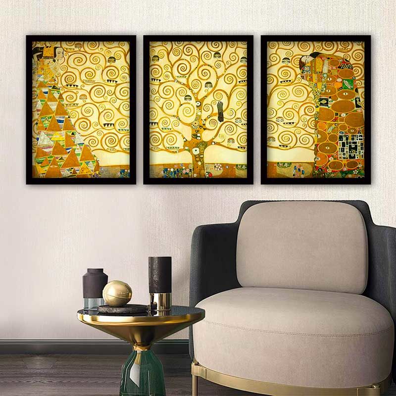 Gustav klimt 3 Parça Siyah Çerçeveli Tablo