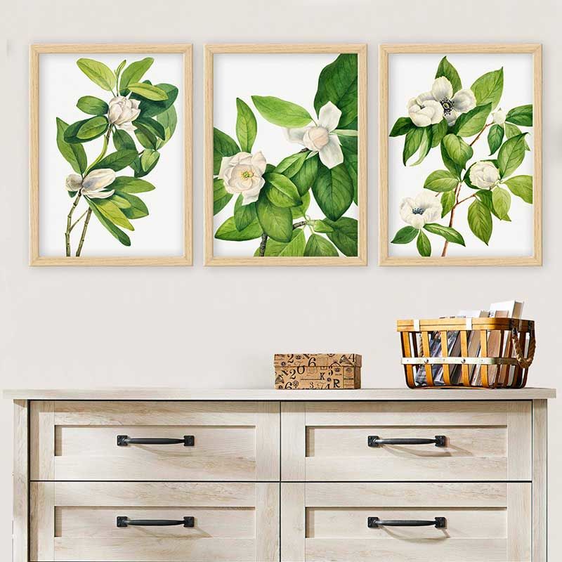 Beyaz Çiçekler 3 Parça Naturel Çerçeveli Tablo 55cm x 75cm