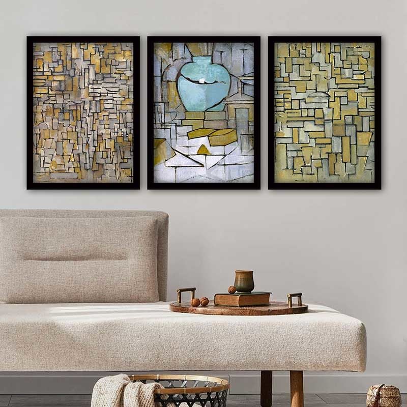 PIET MONDRIAN 3 Parça Siyah Çerçeveli Tablo