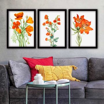 TURUNCU ÇİÇEK 3 Parça Siyah Çerçeveli Tablo