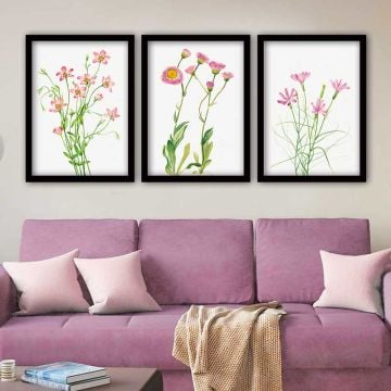 Pembe Çiçekler 3 Parça Siyah Çerçeveli Tablo