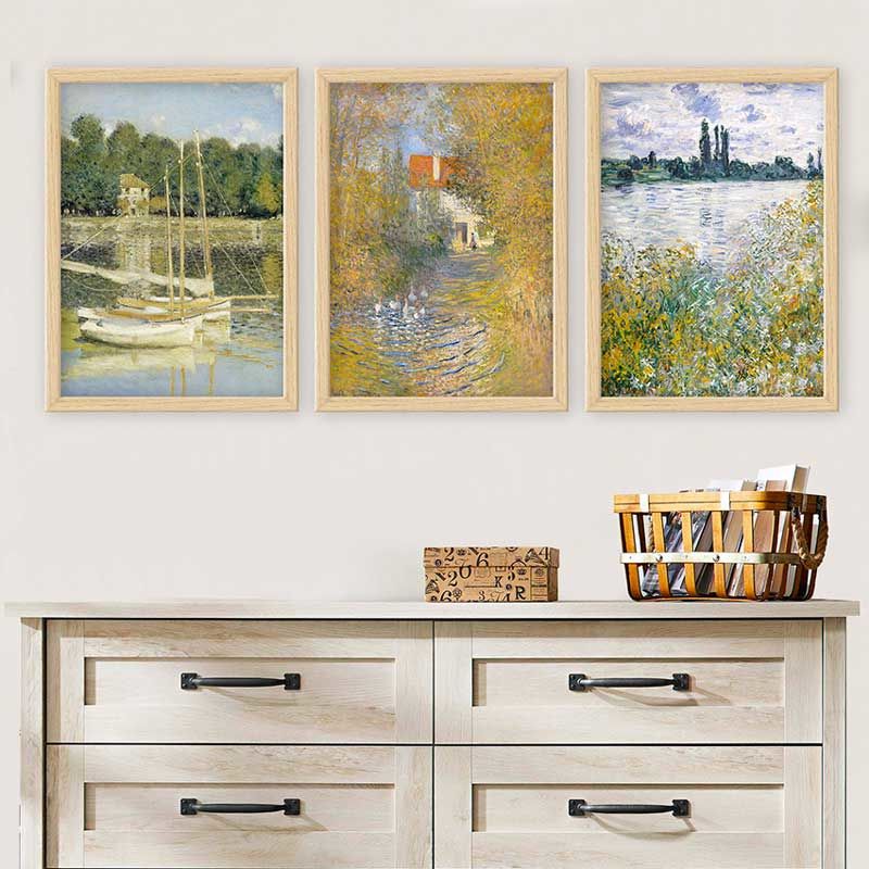 Claude Monet 3 Parça Naturel Çerçeveli Tablo