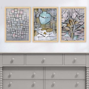 PIET MONDRIAN 3 Parça Naturel Çerçeveli Tablo