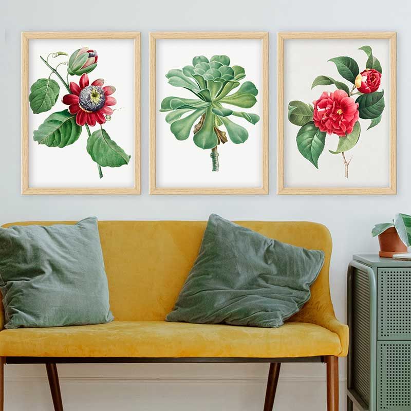 Çiçek 3 Parça Naturel Çerçeveli Tablo