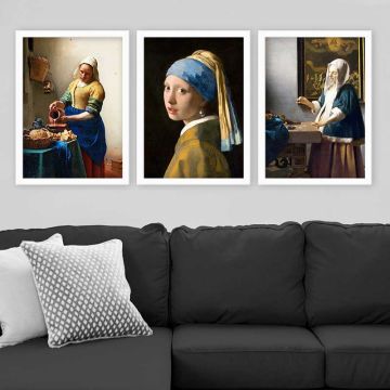 JAN VERMEER 3 Parça Beyaz Çerçeveli Tablo 55cm x 75cm