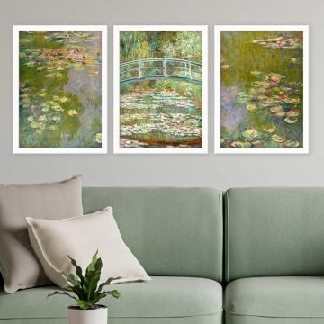 Claude Monet 3 Parça Beyaz Çerçeveli Tablo