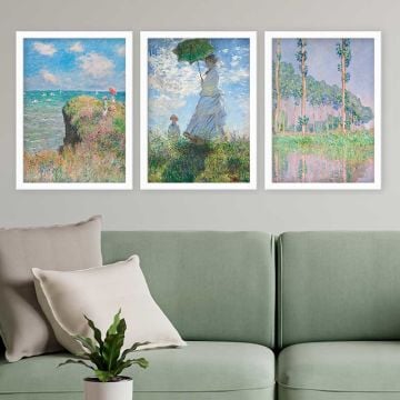 Claude Monet 3 Parça Beyaz Çerçeveli Tablo