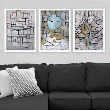 PIET MONDRIAN 3 Parça Beyaz Çerçeveli Tablo 35cm x 45cm