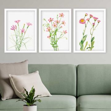 Pembe Çiçekler 3 Parça Beyaz Çerçeveli Tablo 35cm x 45cm